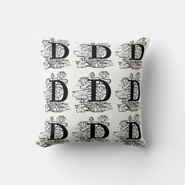 Monogramm D Initial Black and White Floral Pattern Kissen (Vorderseite)