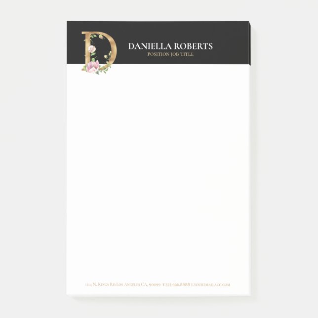 Monogramm D mit Gold und Blume Post-it Klebezettel (Vorderseite)