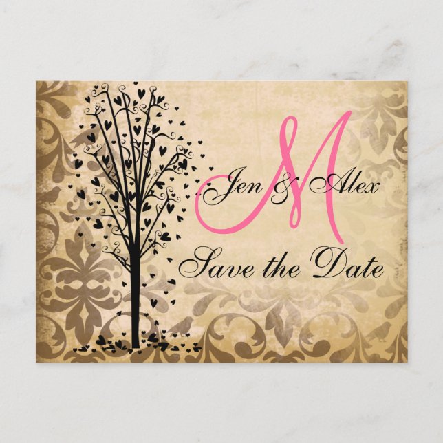 Monogramm Damast Herz Baum Save the Date Karten (Vorderseite)