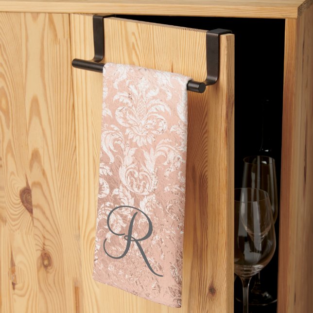 Monogramm Damast in Roségold  Geschirrtuch (Drittel gefaltet)