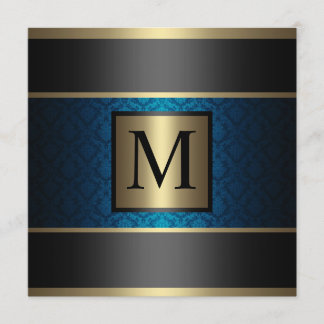Monogramm-Damast-Königsblau, Schwarzes und Gold Einladung