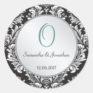 Monogramm Damast schwarz weiß Hochzeitsaufkleber Runder Aufkleber