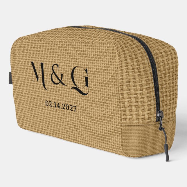 Monogramm-Datum auf natürlichem Jute-Burlap-Textil Waschbeutel (Rechte Ecke)