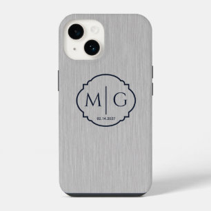 Monogramm Datum Premium Gebürstete Silbermetallstr iPhone 14 Hülle