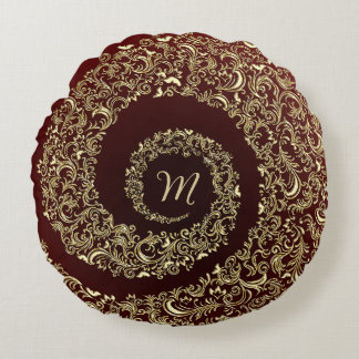 Monogramm-Dekorativ aus Gold und Burgund Rundes Kissen