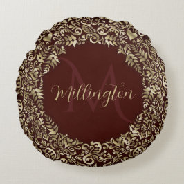 Monogramm-Dekorativ für Red and Gold Damask Rundes Kissen