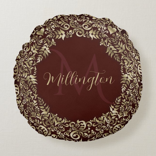 Monogramm-Dekorativ für Red and Gold Damask Rundes Kissen (Vorderseite)