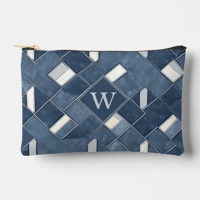 Monogramm-Denim Blau-Weiß-Patchwork-Gitter Zubehörtasche (Vorderseite)