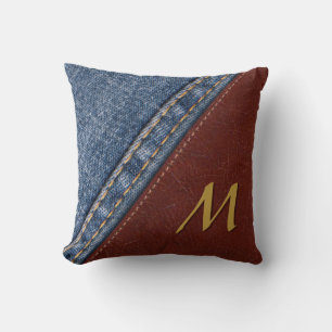 Monogramm-Denim und Leder Kissen