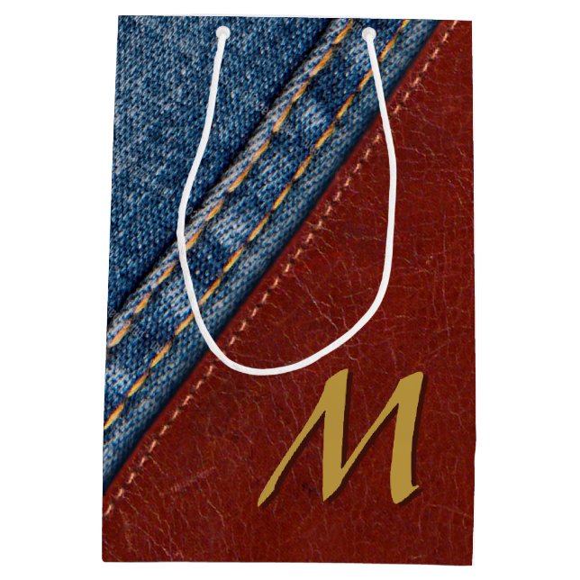 Monogramm-Denim und Leder Mittlere Geschenktüte (Rückseite)