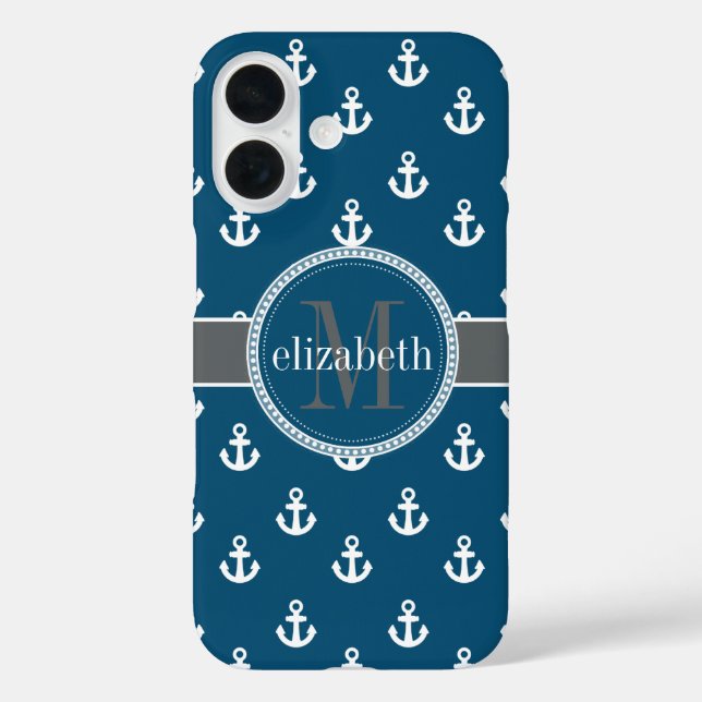 Monogramm der blauen Anker des weißen Schiffes Case-Mate iPhone Hülle (Rückseite)