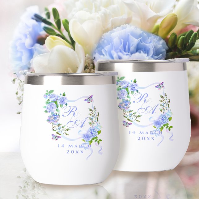 Monogramm der blauen Rose (Blue Rose Ribbon Monogram Thermal Wine Tumbler)