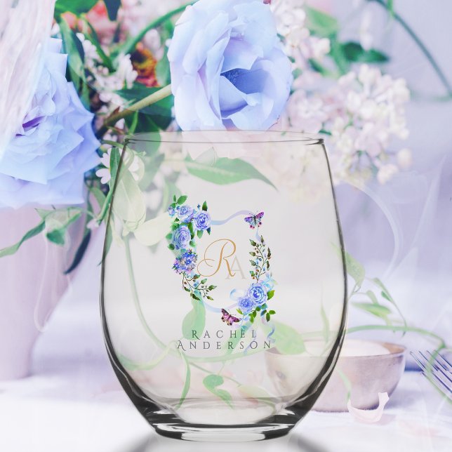 Monogramm der blauen Rose Weinglas Ohne Stiel (Romantic Blue Rose Ribbon Monogram  Wine Glass.)