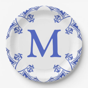 Monogramm der blauen und weißen Floral Pappteller