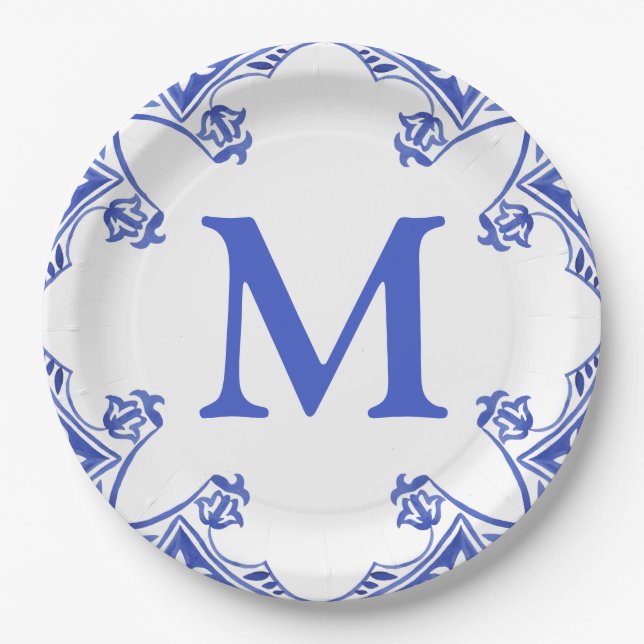 Monogramm der blauen und weißen Floral Pappteller (Vorderseite)