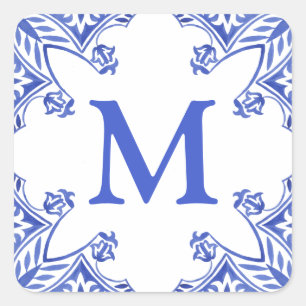 Monogramm der blauen und weißen Floral Quadratischer Aufkleber