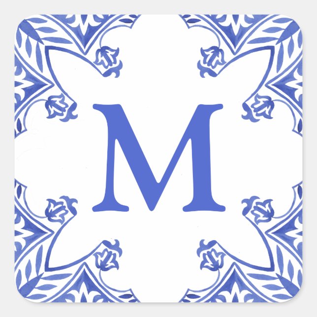 Monogramm der blauen und weißen Floral Quadratischer Aufkleber (Vorderseite)
