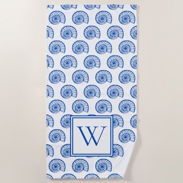 Monogramm der blauen und weißen Muscheln der Küste Strandtuch (Vorderseite)
