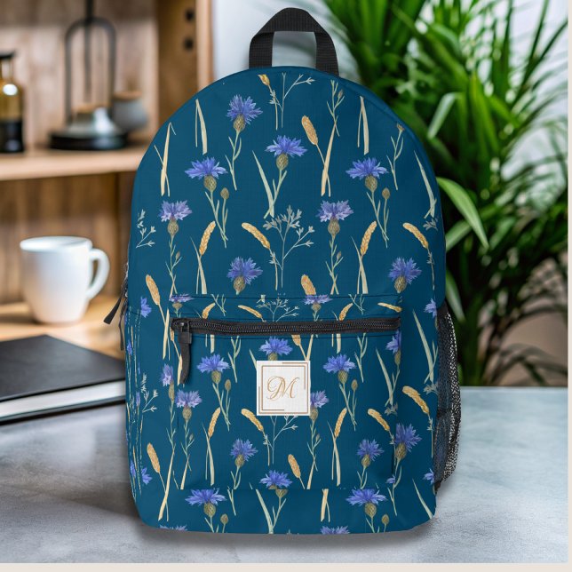 Monogramm der blauen Wildblume Bedruckter Rucksack (Von Creator hochgeladen)
