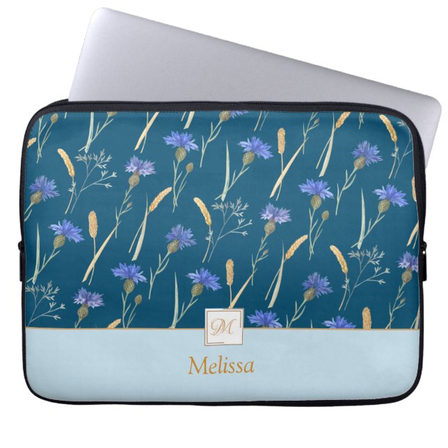 Monogramm der blauen Wildblume Laptopschutzhülle (Vorderseite)