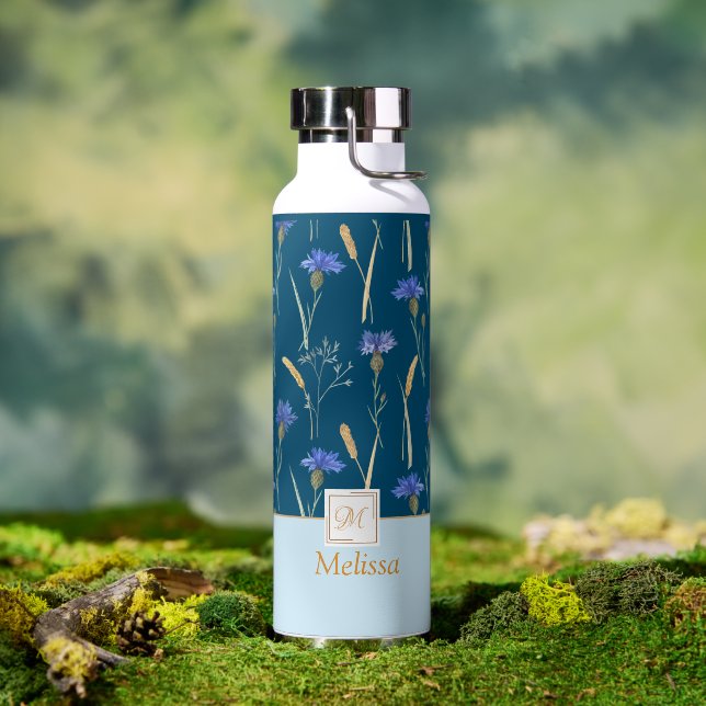 Monogramm der blauen Wildblume Trinkflasche (Außenbereich)