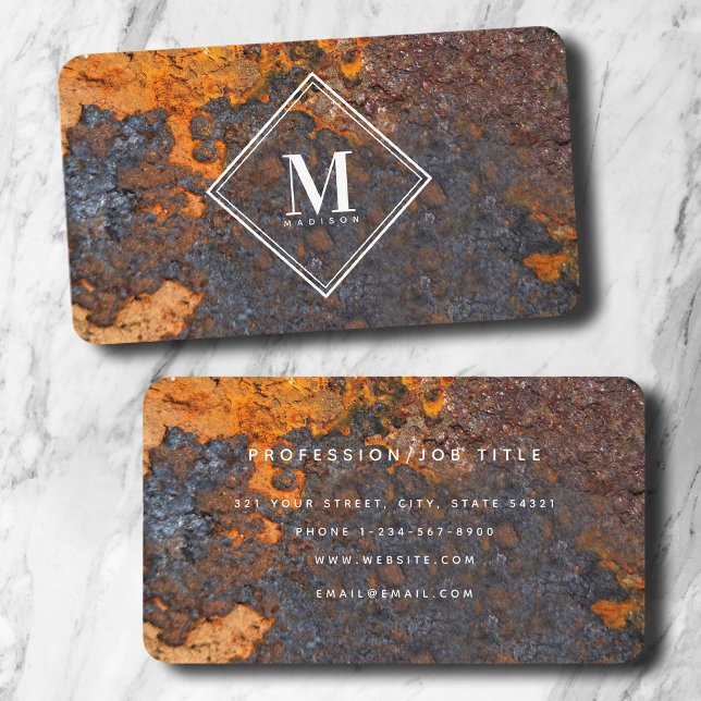 Monogramm der braunen Rust-Metallic-Textur Visitenkarte (Brown Rust Metallic Texture Monogram Initial Business Card)