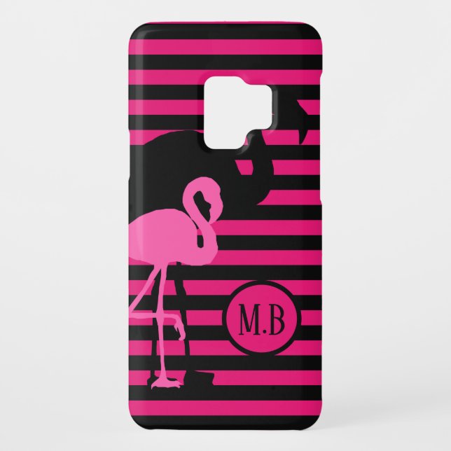 Monogramm der Coolen Flamingo-Schwarz-Rosa-Streife Case-Mate Samsung Galaxy Hülle (Rückseite)