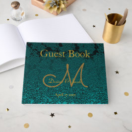 Monogramm der dunklen Aquamarinen Gold-Floral-Hoch Gästebuch