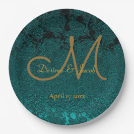 Monogramm der dunklen Aquamarinen Gold-Floral-Hoch Pappteller