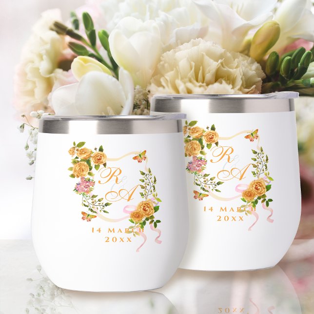 Monogramm der goldenen Rose (Gold Rose Ribbon Monogram Thermal Wine Tumbler)