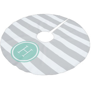 Monogramm der grauen und Aqua Preppy Stripes Polyester Weihnachtsbaumdecke