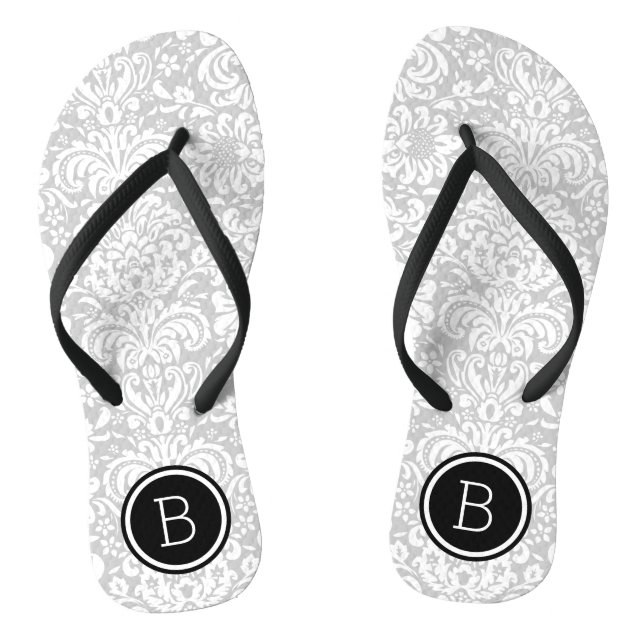 Monogramm der grauen und schwarzen Floral-Damaskus Flip Flops (Fußbett)