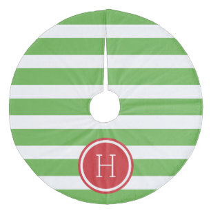 Monogramm der grünen und roten Preppy-Streifen Fleece Weihnachtsbaumdecke