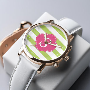 Monogramm der horizontalen Streifen grün und rosa Armbanduhr