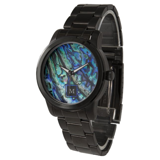 Monogramm der Irisierbaren Abalone-Muschel Armbanduhr (Schrägansicht)