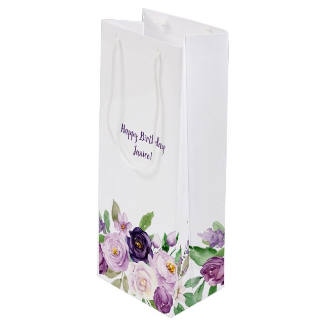 Monogramm der Lila und der Lavendel-Rose Geschenktüte Für Weinflaschen (Vorderseite Schrägansicht)