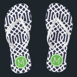 Monogramm der Marine und der grünen Trellis Flip Flops<br><div class="desc">Maßgeschneiderte,  bedruckte Flop-Sandalen mit einem stilvollen,  modernen Trellis-Muster und einem eigenen Monogramm oder einem anderen Text in einem Kreisrahmen. Klicken Sie auf Anpassen,  um Schriftart und Farben zu ändern oder eigene Bilder hinzuzufügen,  um ein einzigartiges Design zu erstellen!</div>