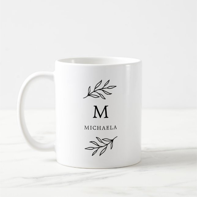 Monogramm der minimalen botanischen Blätter Schwar Kaffeetasse (Links)