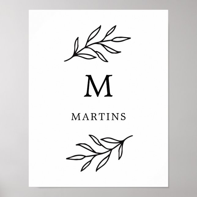 Monogramm der minimalen botanischen Blätter Schwar Poster (Vorne)