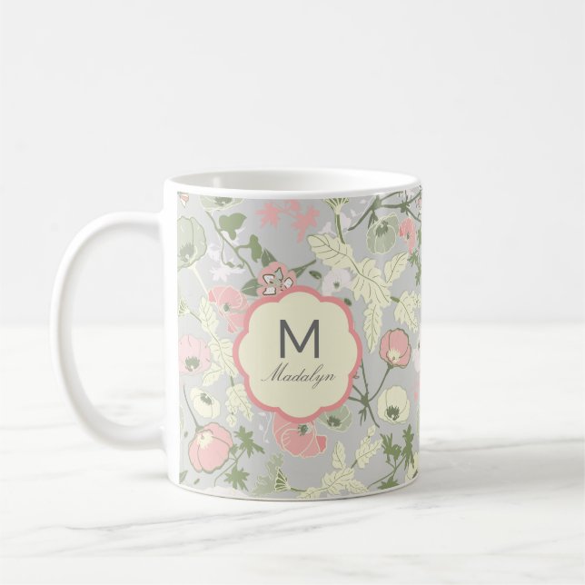 Monogramm der mit Monogramm rosa grünen Blume Kaffeetasse (Links)