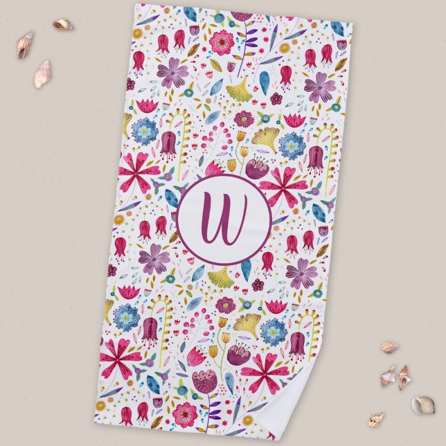 Monogramm der modernen Aquarellfarben-Hedgerow-Blu Strandtuch (Hand painted watercolor wildflower monogram initial personalized beach towel)