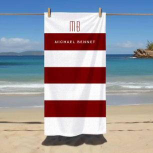 Monogramm der modernen Burgundy-Streifen Strandtuch