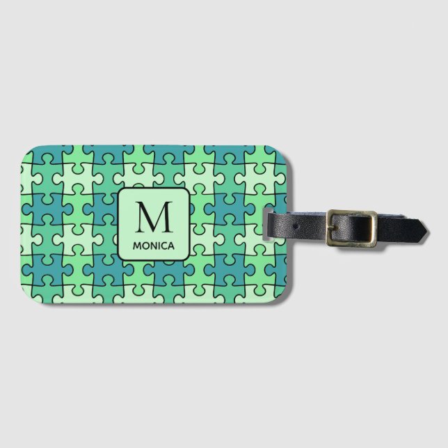 Monogramm der modernen grünen Puzzleteile Gepäckanhänger (Vorderseite (Horizontal))