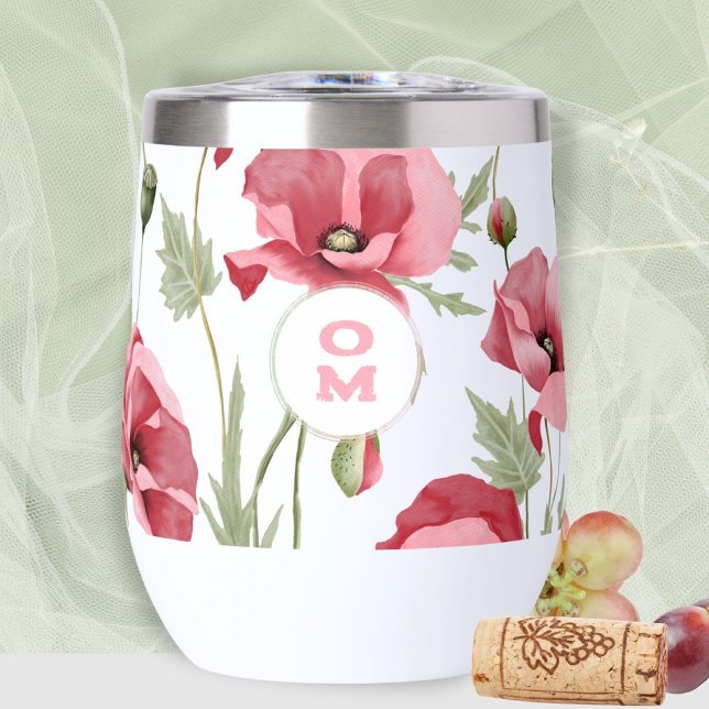 Monogramm der modernen Wildblume Rosa Große Mohn (Modern Wildflower Monogram Pink Poppy Thermal Wine Tumbler ©Susanne Sachers - Sunny Mind 🌞)