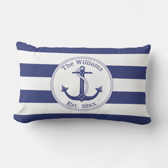 Monogramm der Nautic Anchor Navy Blue Stripes Fami Kissen Für Draußen (Vorderseite)