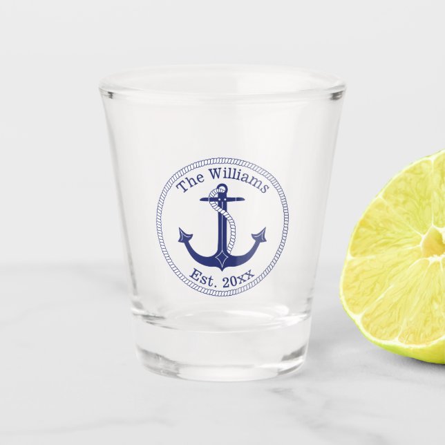 Monogramm der Nautic Anchor Navy Blue Stripes Fami Schnapsglas (Vorderseite)