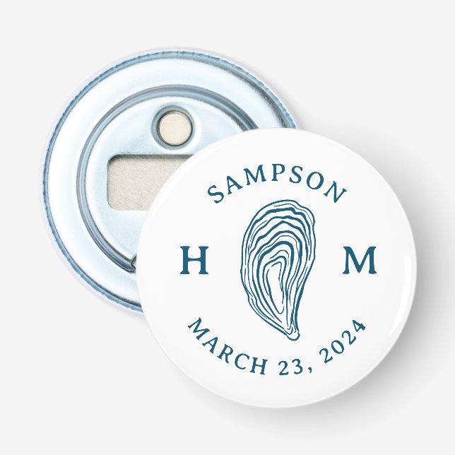 Monogramm der Nautic Oyster-Muschel mit Name Date Flaschenöffner (Vorderseite)