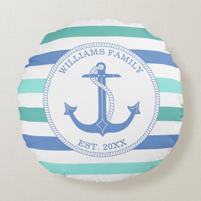 Monogramm der Nautical Anchor Blue Strip-Familie Rundes Kissen (Vorderseite)