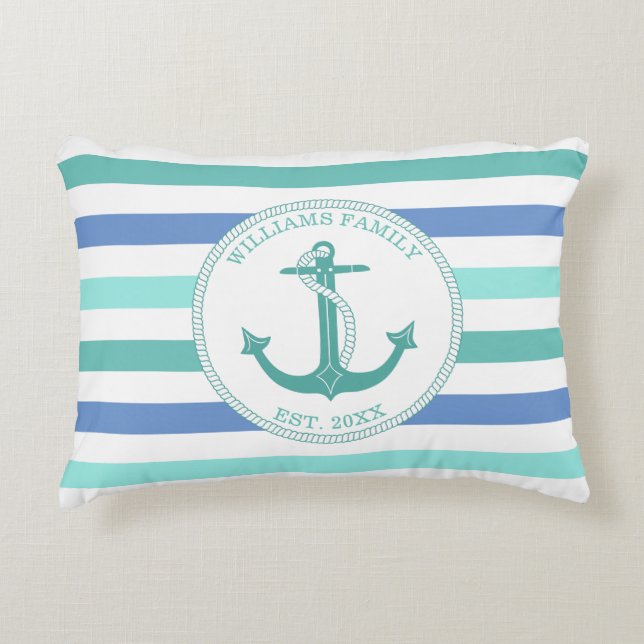 Monogramm der Nautical Anchor Seafoam Stripe-Famil Dekokissen (Vorderseite)