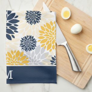 Monogramm der Navy Blue Gold Blume Geschirrtuch